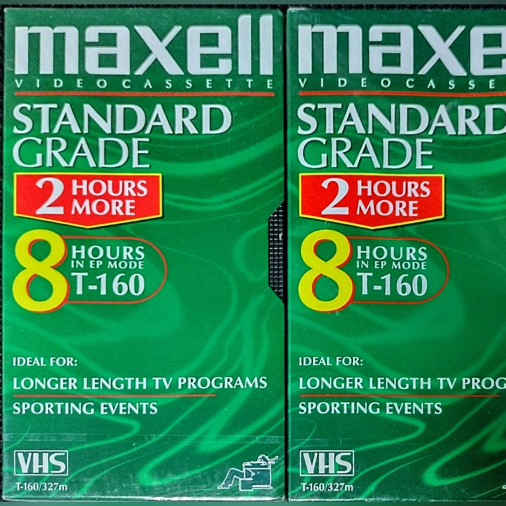 2 New Maxell T-160 Std Standard Grade Videocassette : Blank Vhs 8 Hour